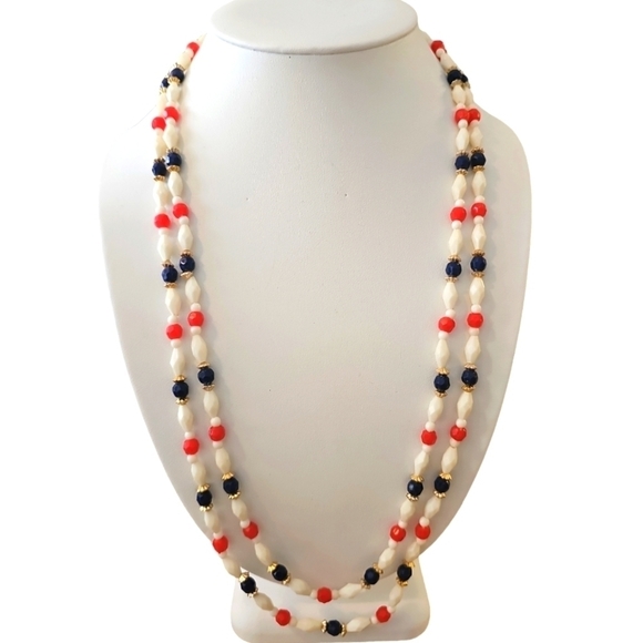 Vintage Hong Kong Red, White, Blue, Gold Lucite Bead Double Strand Necklace - Picture 1 of 4